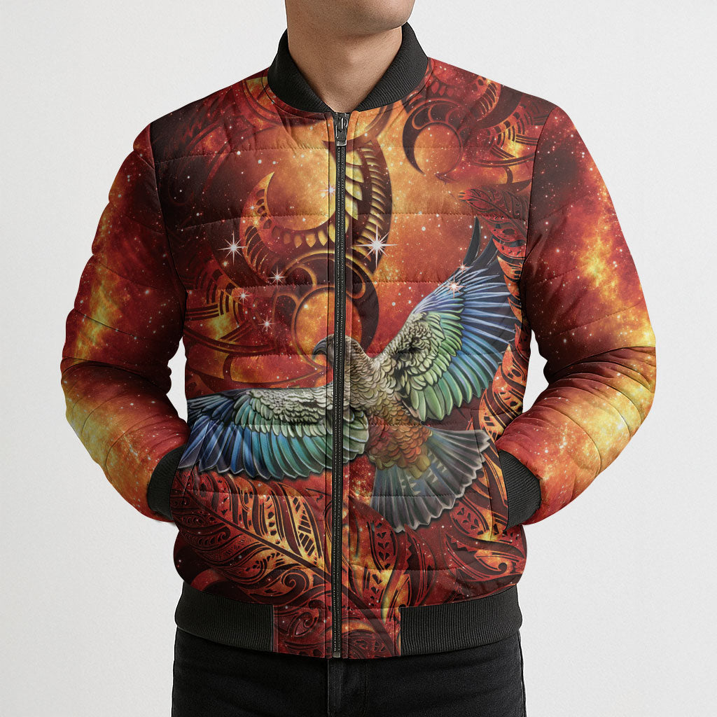New Zealand Kea Bird Matariki Personalised Bomber Puffer Jacket Silver Fern Maori Pattern