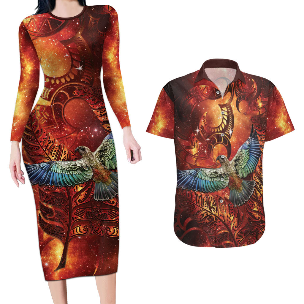 New Zealand Kea Bird Matariki Personalised Couples Matching Long Sleeve Bodycon Dress and Hawaiian Shirt Silver Fern Maori Pattern LT22 Orange - Polynesian Pride