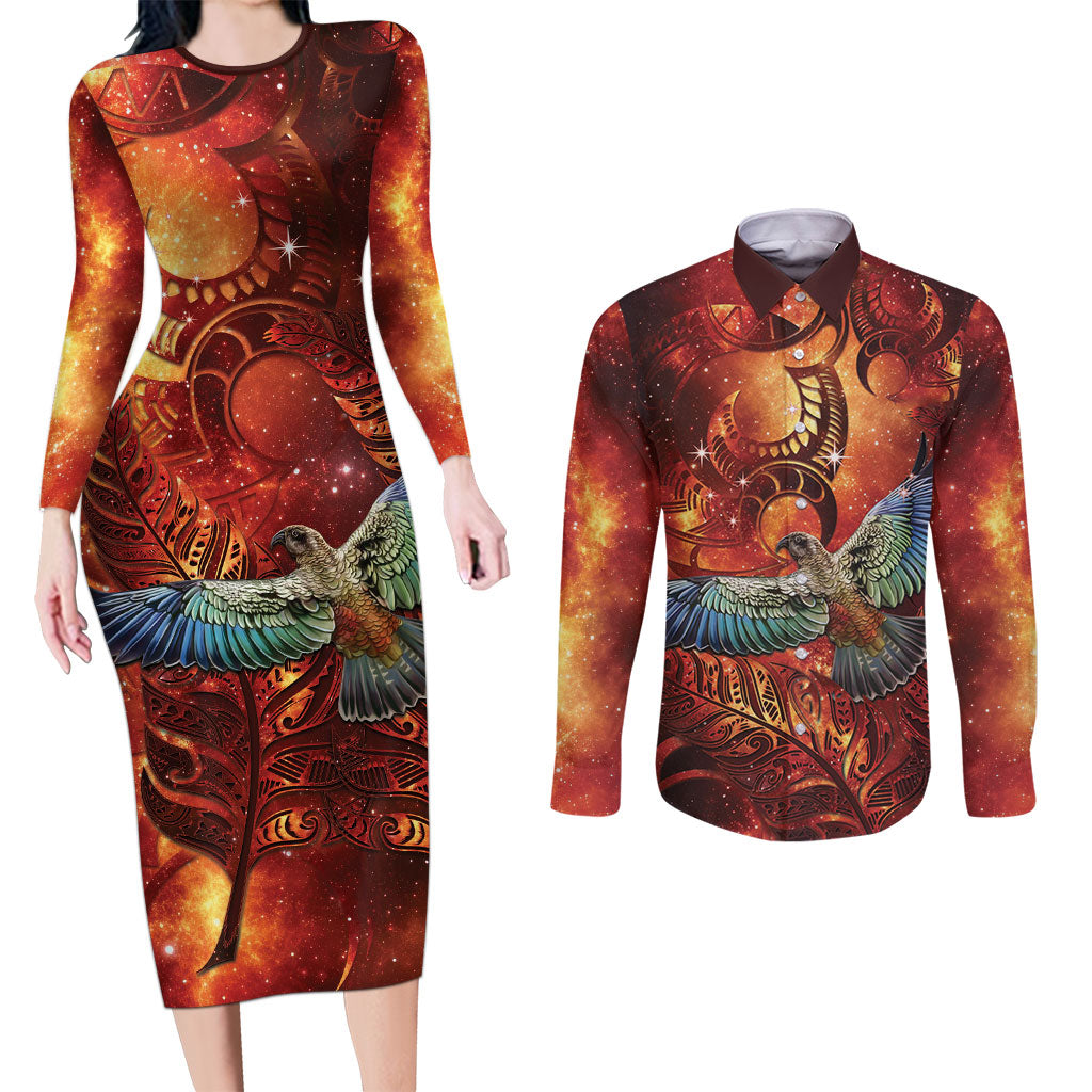 New Zealand Kea Bird Matariki Personalised Couples Matching Long Sleeve Bodycon Dress and Long Sleeve Button Shirt Silver Fern Maori Pattern LT22 Orange - Polynesian Pride
