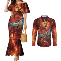 New Zealand Kea Bird Matariki Personalised Couples Matching Mermaid Dress and Long Sleeve Button Shirt Silver Fern Maori Pattern LT22 Orange - Polynesian Pride