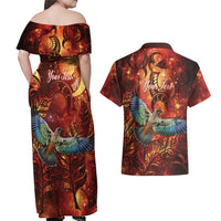 New Zealand Kea Bird Matariki Personalised Couples Matching Off Shoulder Maxi Dress and Hawaiian Shirt Silver Fern Maori Pattern LT22 - Polynesian Pride