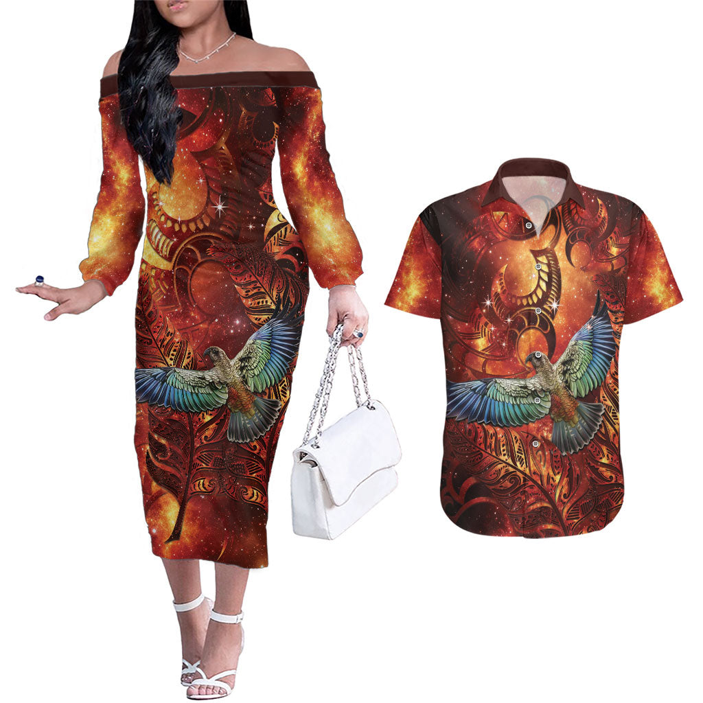 New Zealand Kea Bird Matariki Personalised Couples Matching Off The Shoulder Long Sleeve Dress and Hawaiian Shirt Silver Fern Maori Pattern LT22 Orange - Polynesian Pride