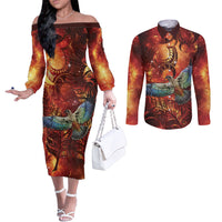 New Zealand Kea Bird Matariki Personalised Couples Matching Off The Shoulder Long Sleeve Dress and Long Sleeve Button Shirt Silver Fern Maori Pattern LT22 Orange - Polynesian Pride