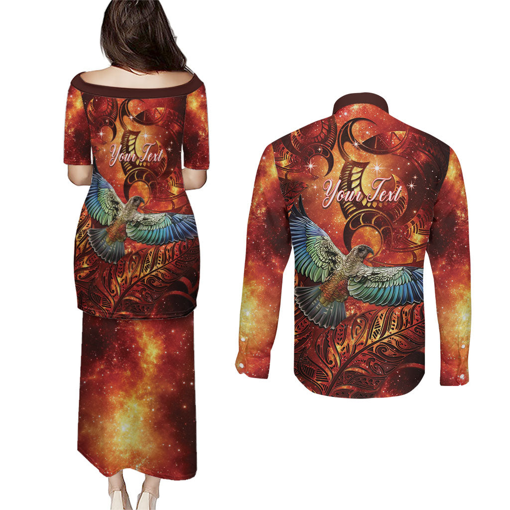 New Zealand Kea Bird Matariki Personalised Couples Matching Puletasi and Long Sleeve Button Shirt Silver Fern Maori Pattern