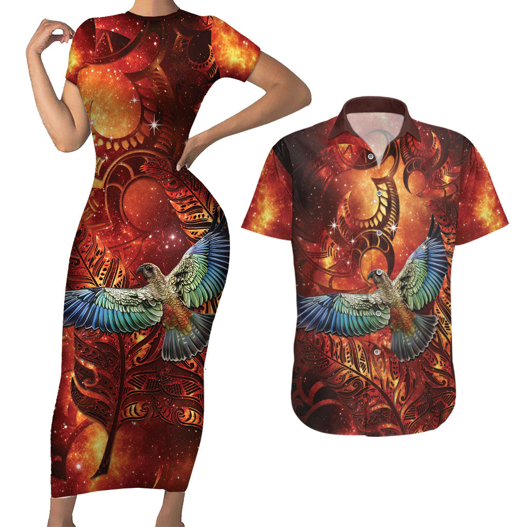 New Zealand Kea Bird Matariki Personalised Couples Matching Short Sleeve Bodycon Dress and Hawaiian Shirt Silver Fern Maori Pattern LT22 Orange - Polynesian Pride