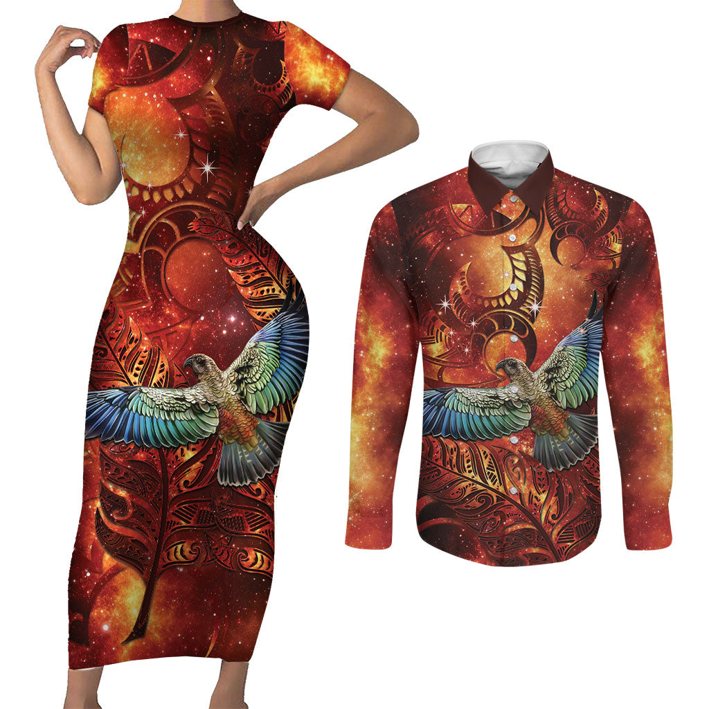 New Zealand Kea Bird Matariki Personalised Couples Matching Short Sleeve Bodycon Dress and Long Sleeve Button Shirt Silver Fern Maori Pattern LT22 Orange - Polynesian Pride