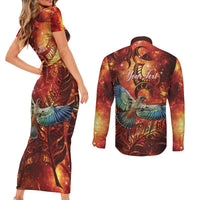 New Zealand Kea Bird Matariki Personalised Couples Matching Short Sleeve Bodycon Dress and Long Sleeve Button Shirt Silver Fern Maori Pattern LT22 - Polynesian Pride