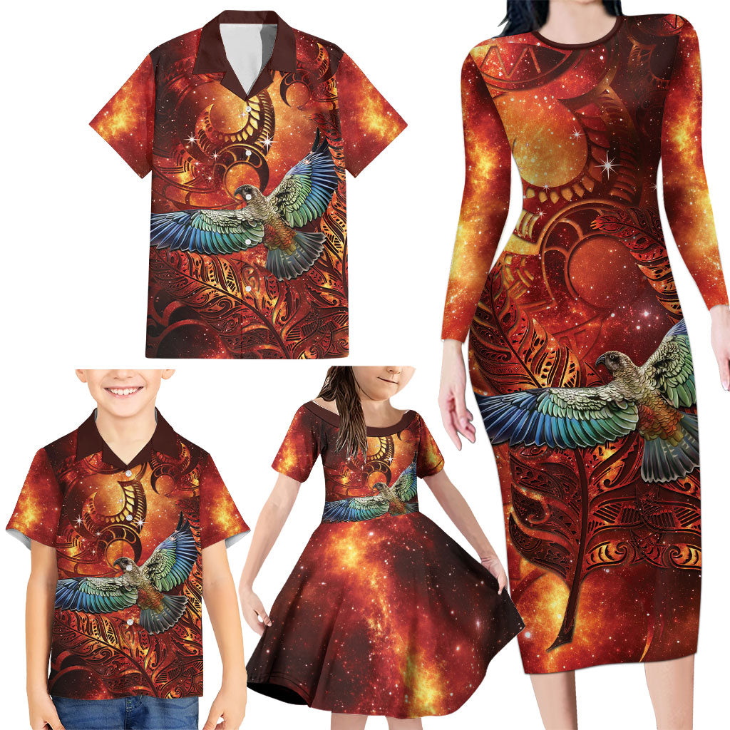 New Zealand Kea Bird Matariki Personalised Family Matching Long Sleeve Bodycon Dress and Hawaiian Shirt Silver Fern Maori Pattern LT22 - Polynesian Pride