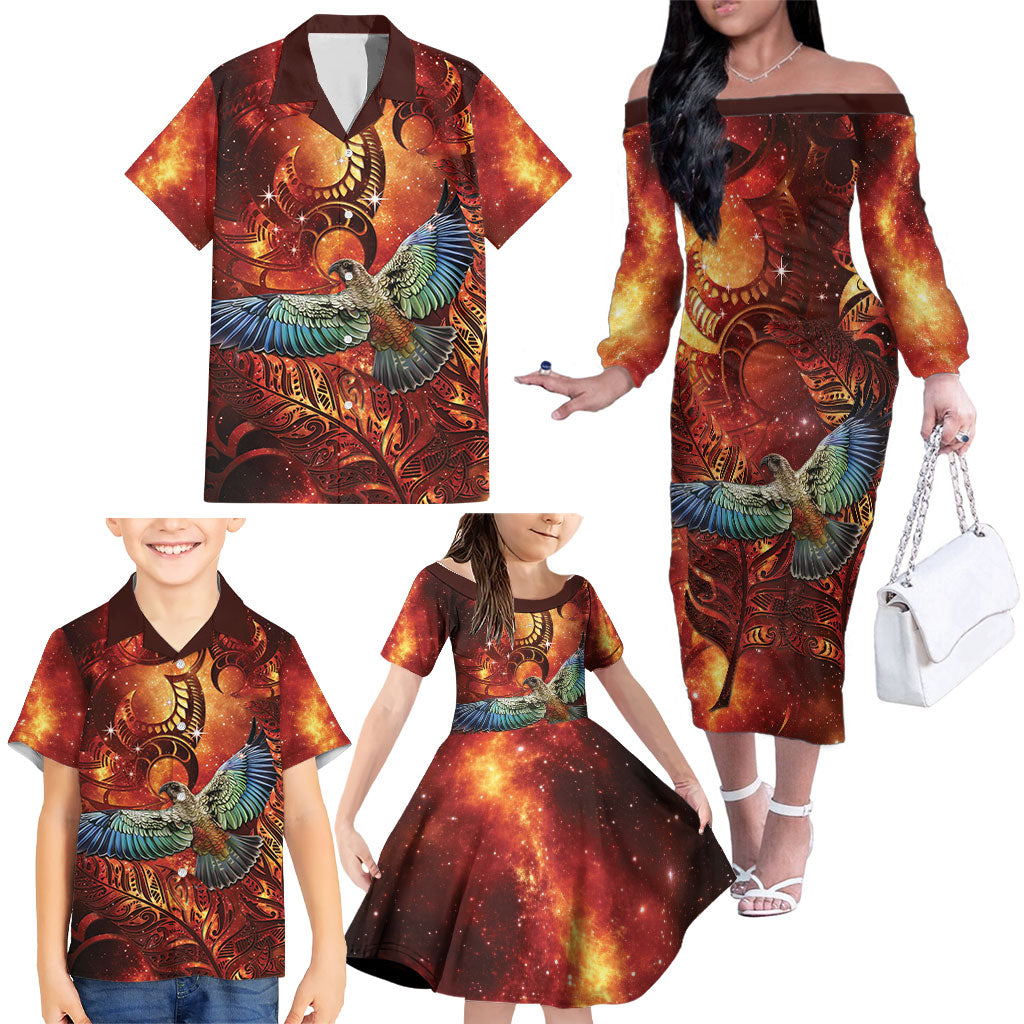 New Zealand Kea Bird Matariki Personalised Family Matching Off The Shoulder Long Sleeve Dress and Hawaiian Shirt Silver Fern Maori Pattern LT22 - Polynesian Pride
