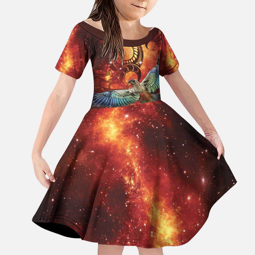 New Zealand Kea Bird Matariki Personalised Family Matching Off Shoulder Maxi Dress and Hawaiian Shirt Silver Fern Maori Pattern LT22 Daughter's Dress Orange - Polynesian Pride