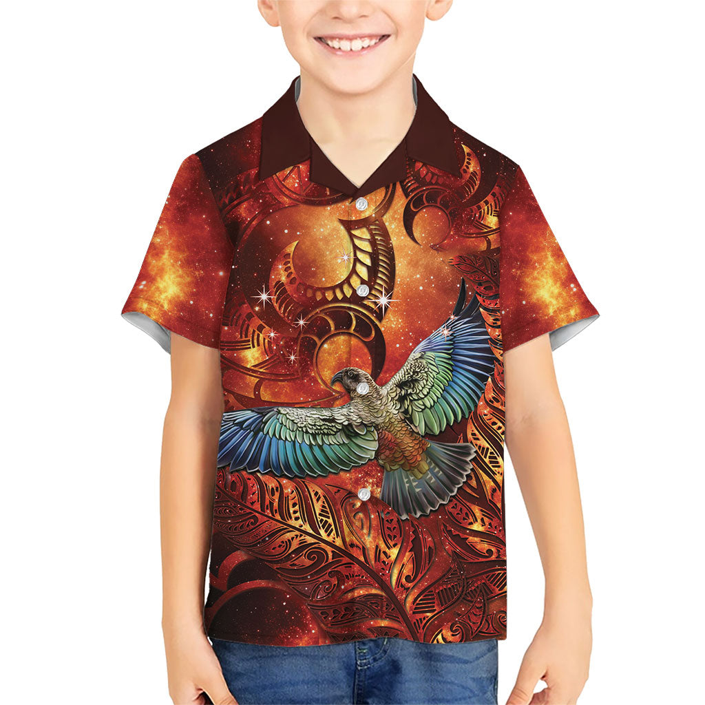 New Zealand Kea Bird Matariki Personalised Family Matching Off Shoulder Maxi Dress and Hawaiian Shirt Silver Fern Maori Pattern LT22 Son's Shirt Orange - Polynesian Pride