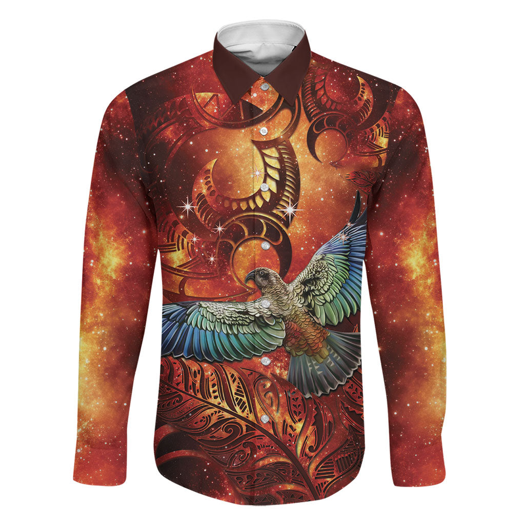 New Zealand Kea Bird Matariki Personalised Family Matching Tank Maxi Dress and Hawaiian Shirt Silver Fern Maori Pattern LT22 Dad's Shirt - Long Sleeve Orange - Polynesian Pride