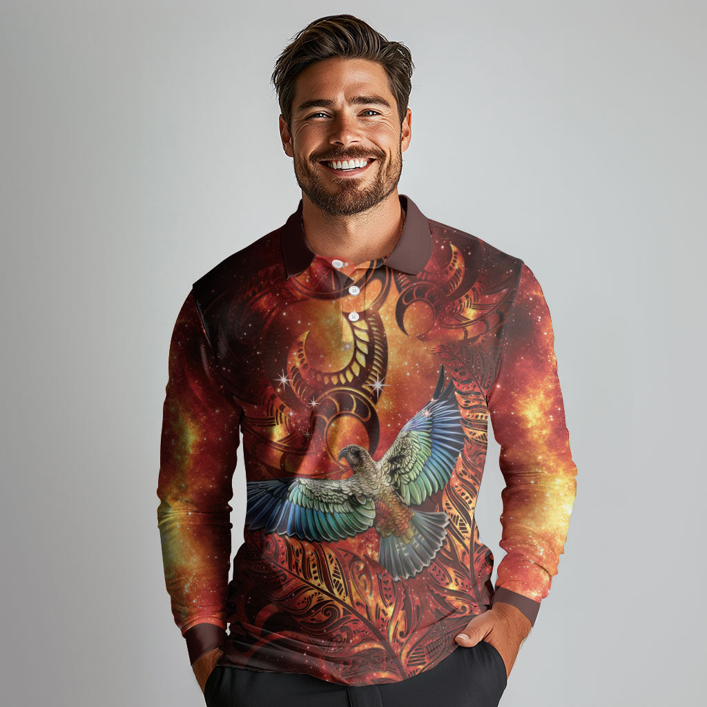 New Zealand Kea Bird Matariki Personalised Long Sleeve Polo Shirt Silver Fern Maori Pattern