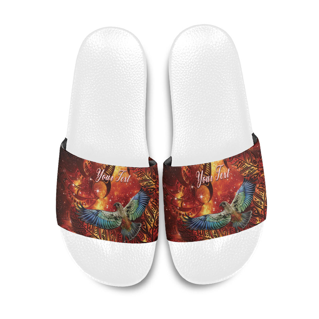 New Zealand Kea Bird Matariki Personalised Slide Sandals Silver Fern Maori Pattern
