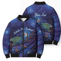 Takahe New Zealand Personalised Bomber Puffer Jacket Harakeke Silver Fern Maori Pattern