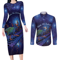 Takahe New Zealand Personalised Couples Matching Long Sleeve Bodycon Dress and Long Sleeve Button Shirt Harakeke Silver Fern Maori Pattern LT22 Blue - Polynesian Pride