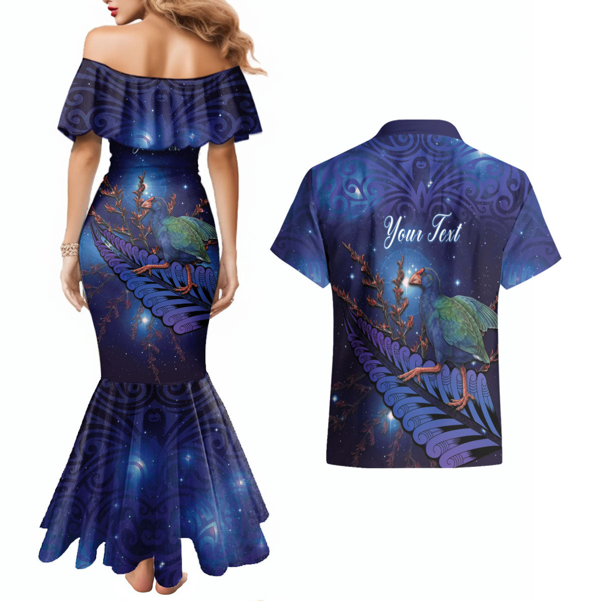 Takahe New Zealand Personalised Couples Matching Mermaid Dress and Hawaiian Shirt Harakeke Silver Fern Maori Pattern LT22 - Polynesian Pride