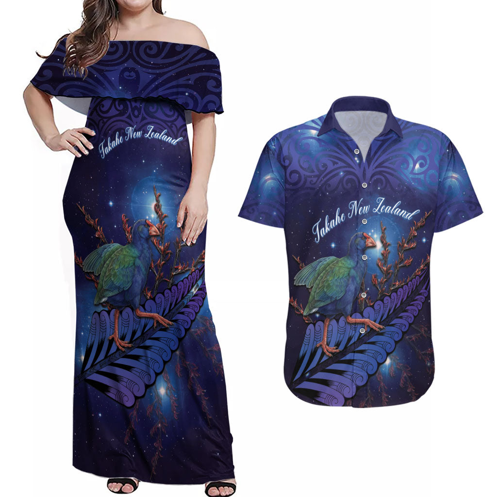 Takahe New Zealand Personalised Couples Matching Off Shoulder Maxi Dress and Hawaiian Shirt Harakeke Silver Fern Maori Pattern