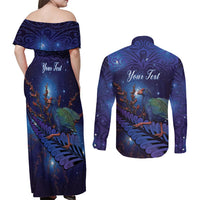Takahe New Zealand Personalised Couples Matching Off Shoulder Maxi Dress and Long Sleeve Button Shirt Harakeke Silver Fern Maori Pattern