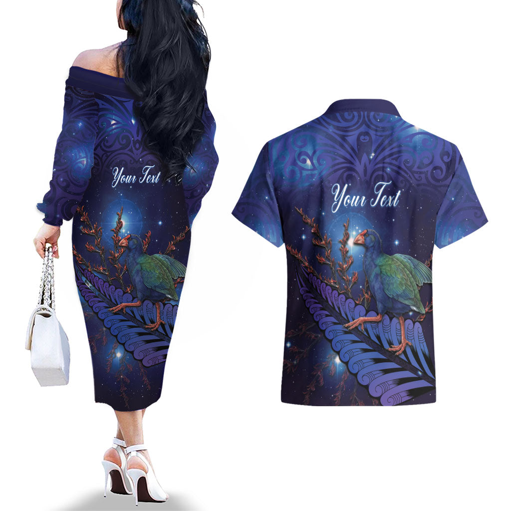 Takahe New Zealand Personalised Couples Matching Off The Shoulder Long Sleeve Dress and Hawaiian Shirt Harakeke Silver Fern Maori Pattern LT22 - Polynesian Pride