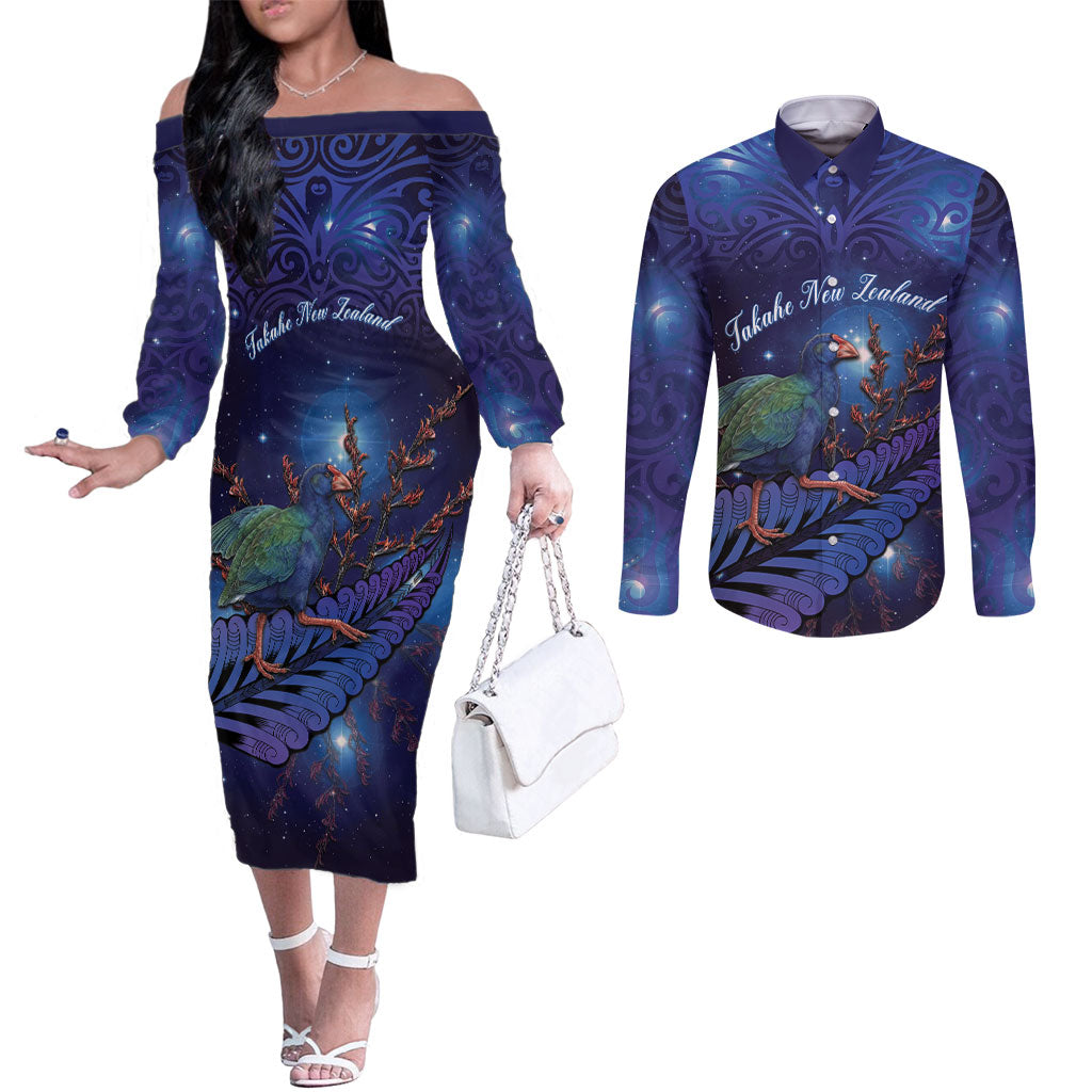 Takahe New Zealand Personalised Couples Matching Off The Shoulder Long Sleeve Dress and Long Sleeve Button Shirt Harakeke Silver Fern Maori Pattern LT22 Blue - Polynesian Pride