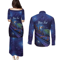 Takahe New Zealand Personalised Couples Matching Puletasi and Long Sleeve Button Shirt Harakeke Silver Fern Maori Pattern LT22 - Polynesian Pride