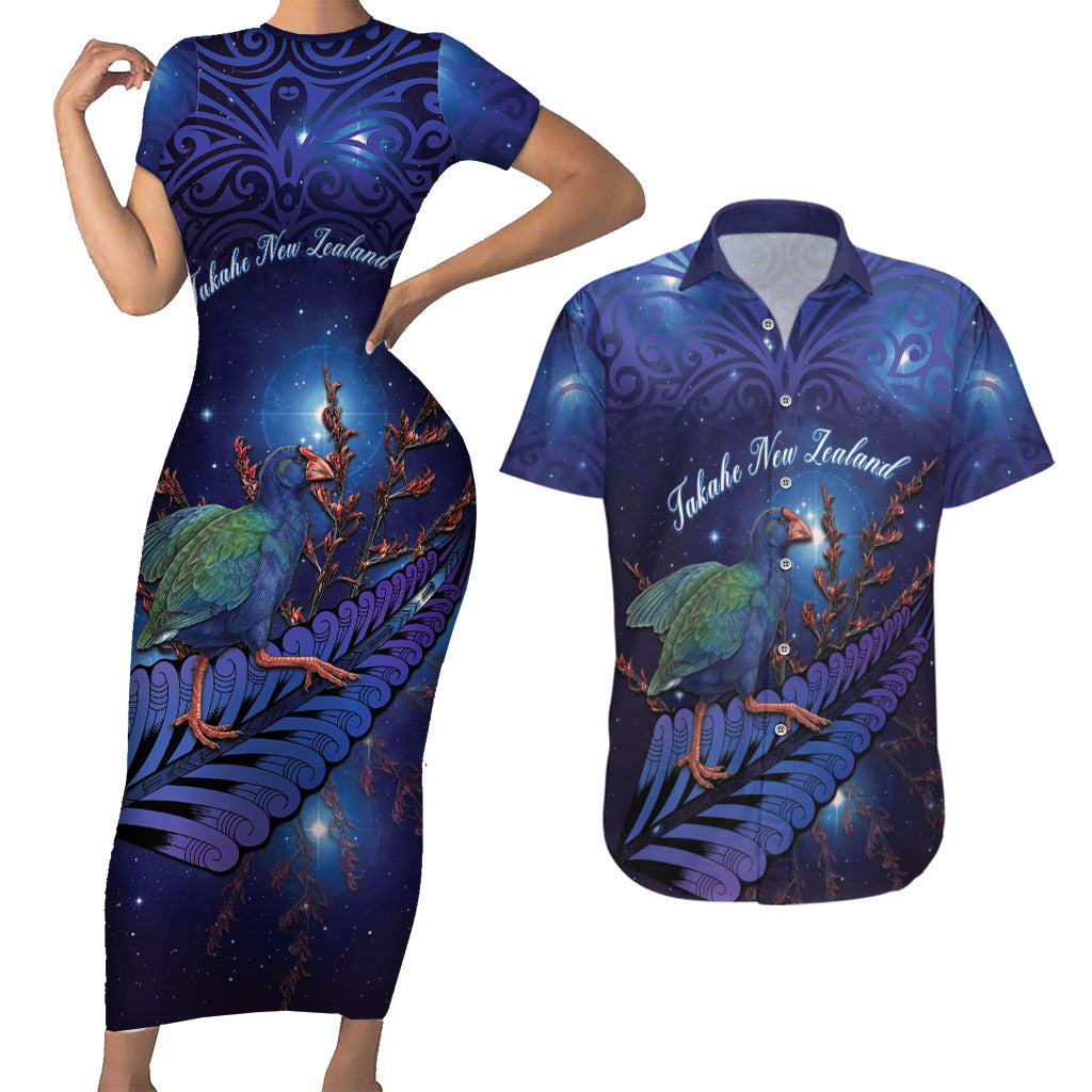 Takahe New Zealand Personalised Couples Matching Short Sleeve Bodycon Dress and Hawaiian Shirt Harakeke Silver Fern Maori Pattern LT22 Blue - Polynesian Pride