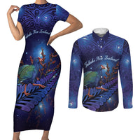 Takahe New Zealand Personalised Couples Matching Short Sleeve Bodycon Dress and Long Sleeve Button Shirt Harakeke Silver Fern Maori Pattern LT22 Blue - Polynesian Pride