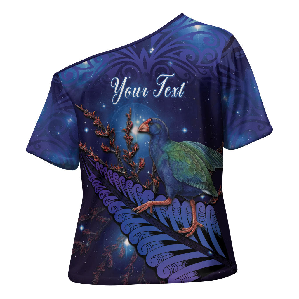 Takahe New Zealand Personalised Cross Shoulder Shirt Harakeke Silver Fern Maori Pattern