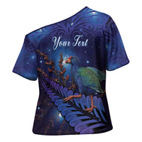 Takahe New Zealand Personalised Cross Shoulder Shirt Harakeke Silver Fern Maori Pattern