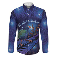 Takahe New Zealand Personalised Family Matching Off Shoulder Maxi Dress and Hawaiian Shirt Harakeke Silver Fern Maori Pattern LT22 Dad's Shirt - Long Sleeve Blue - Polynesian Pride