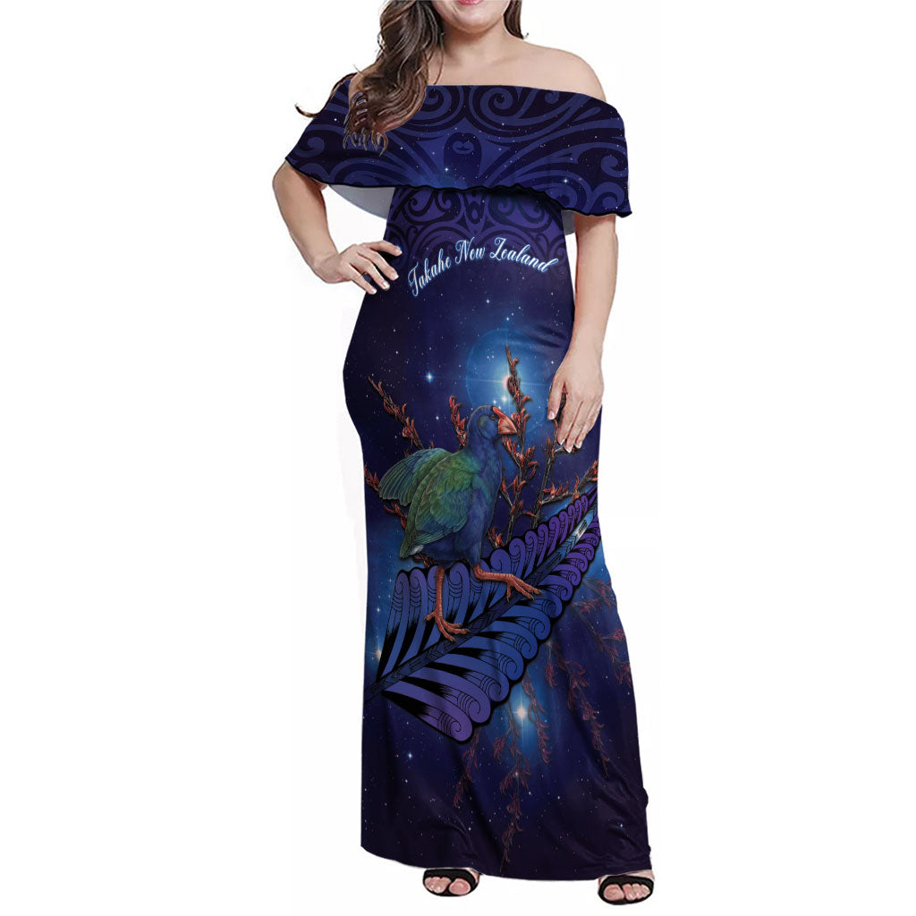 Takahe New Zealand Personalised Family Matching Off Shoulder Maxi Dress and Hawaiian Shirt Harakeke Silver Fern Maori Pattern LT22 Mom's Dress Blue - Polynesian Pride