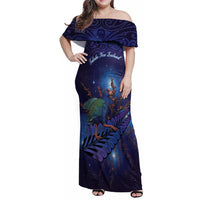Takahe New Zealand Personalised Family Matching Off Shoulder Maxi Dress and Hawaiian Shirt Harakeke Silver Fern Maori Pattern LT22 Mom's Dress Blue - Polynesian Pride