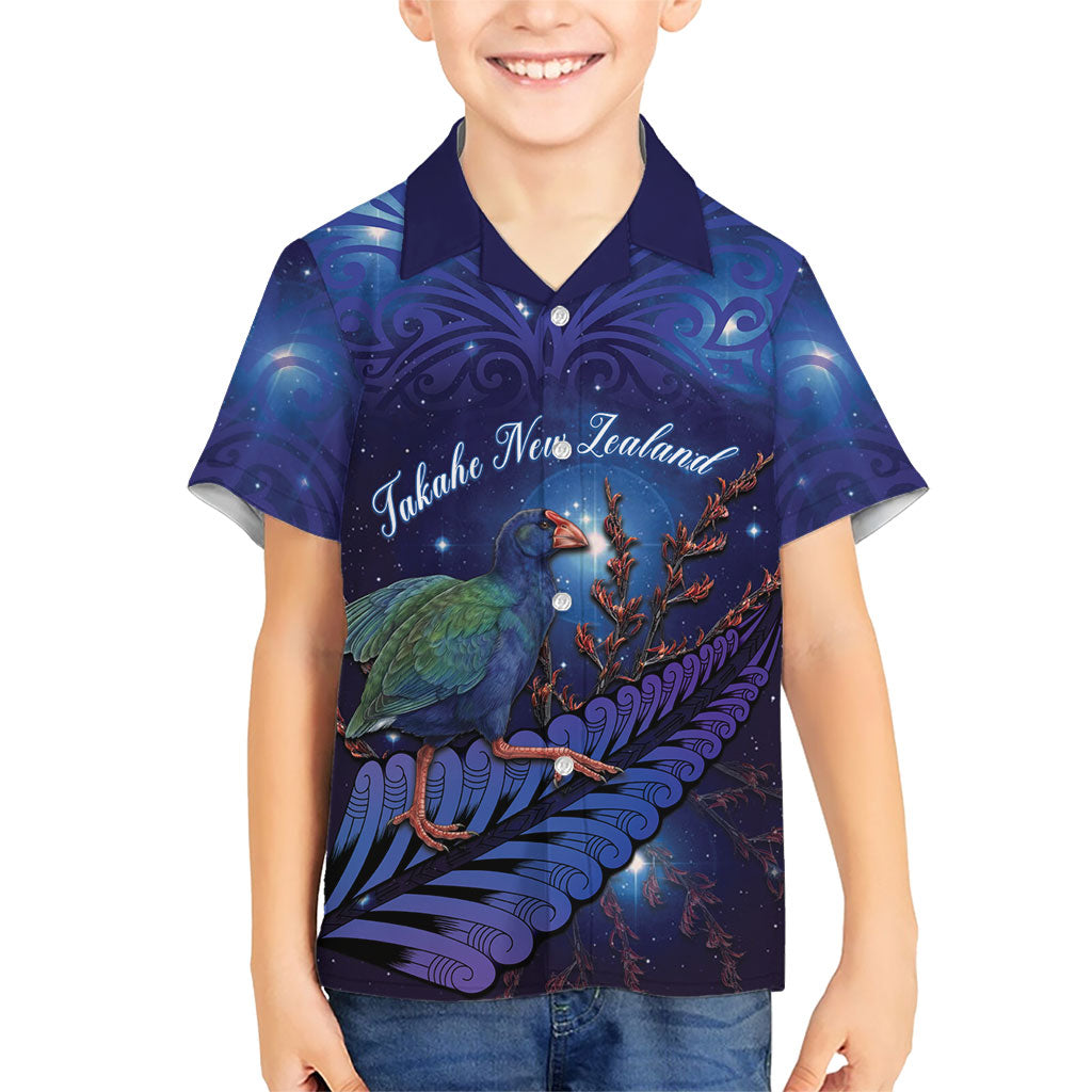 Takahe New Zealand Personalised Family Matching Off Shoulder Short Dress and Hawaiian Shirt Harakeke Silver Fern Maori Pattern LT22 Son's Shirt Blue - Polynesian Pride