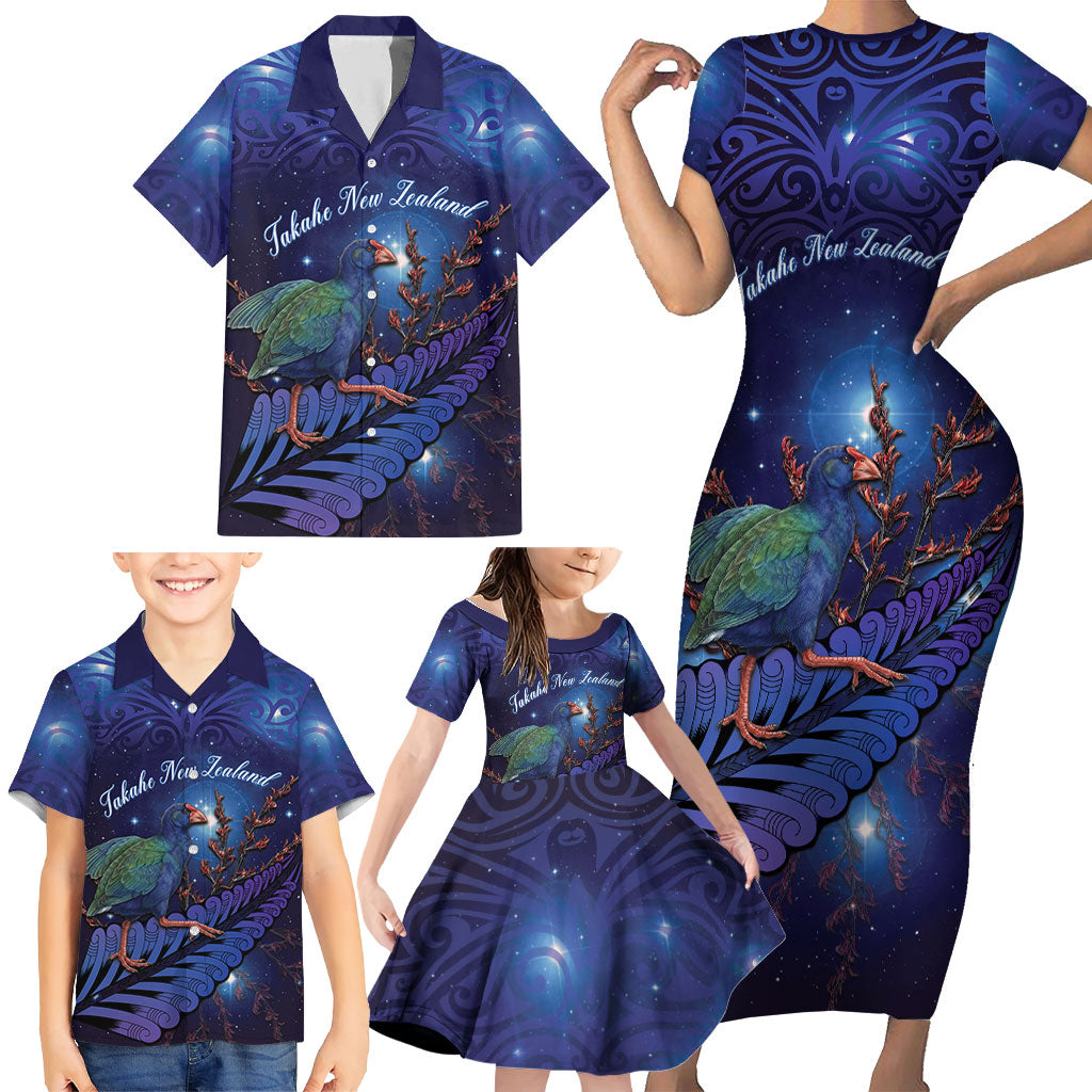 Takahe New Zealand Personalised Family Matching Short Sleeve Bodycon Dress and Hawaiian Shirt Harakeke Silver Fern Maori Pattern