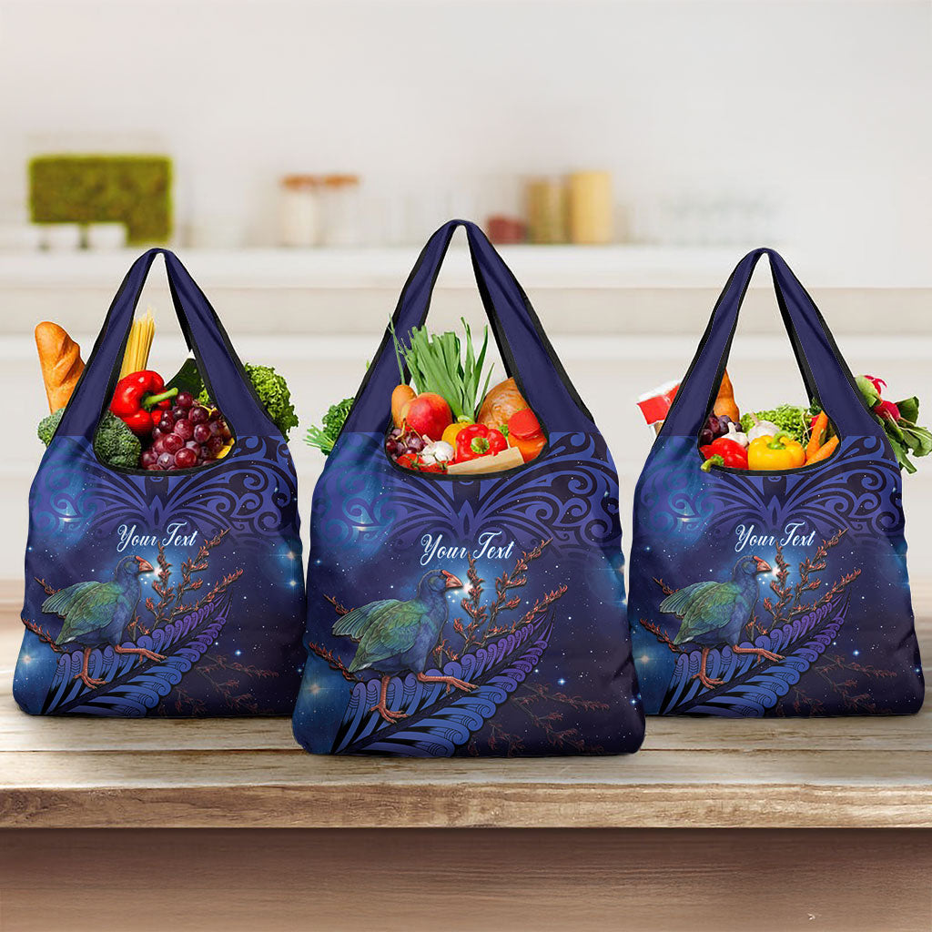 Takahe New Zealand Personalised Grocery Bag Harakeke Silver Fern Maori Pattern