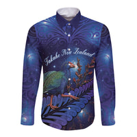 Takahe New Zealand Personalised Long Sleeve Button Shirt Harakeke Silver Fern Maori Pattern