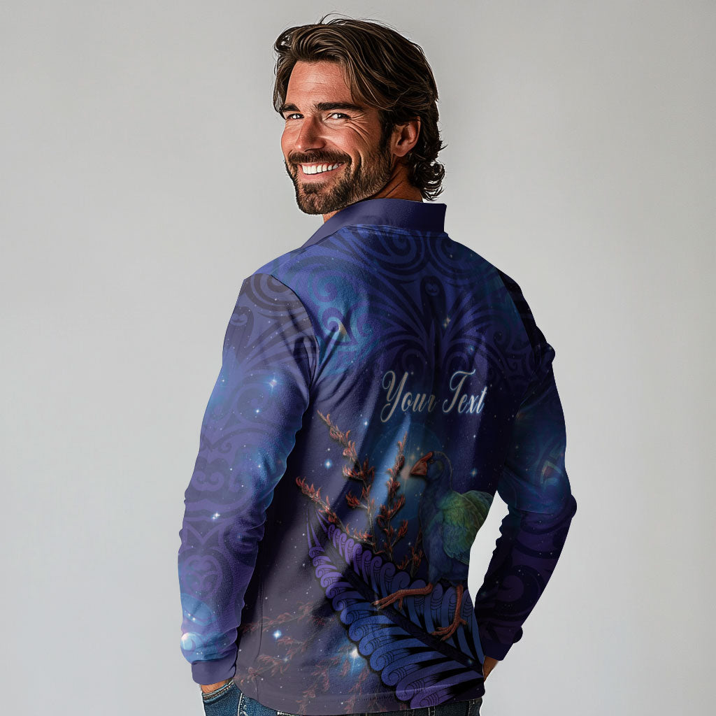 Takahe New Zealand Personalised Long Sleeve Polo Shirt Harakeke Silver Fern Maori Pattern