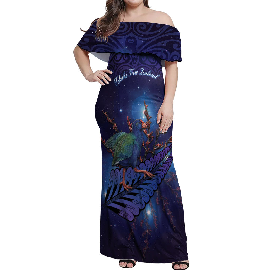 Takahe New Zealand Personalised Off Shoulder Maxi Dress Harakeke Silver Fern Maori Pattern