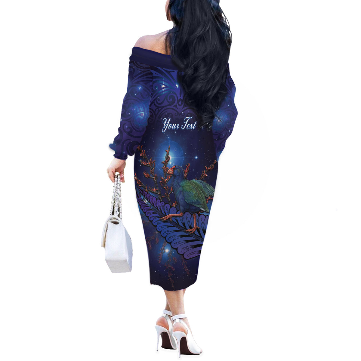 Takahe New Zealand Personalised Off The Shoulder Long Sleeve Dress Harakeke Silver Fern Maori Pattern