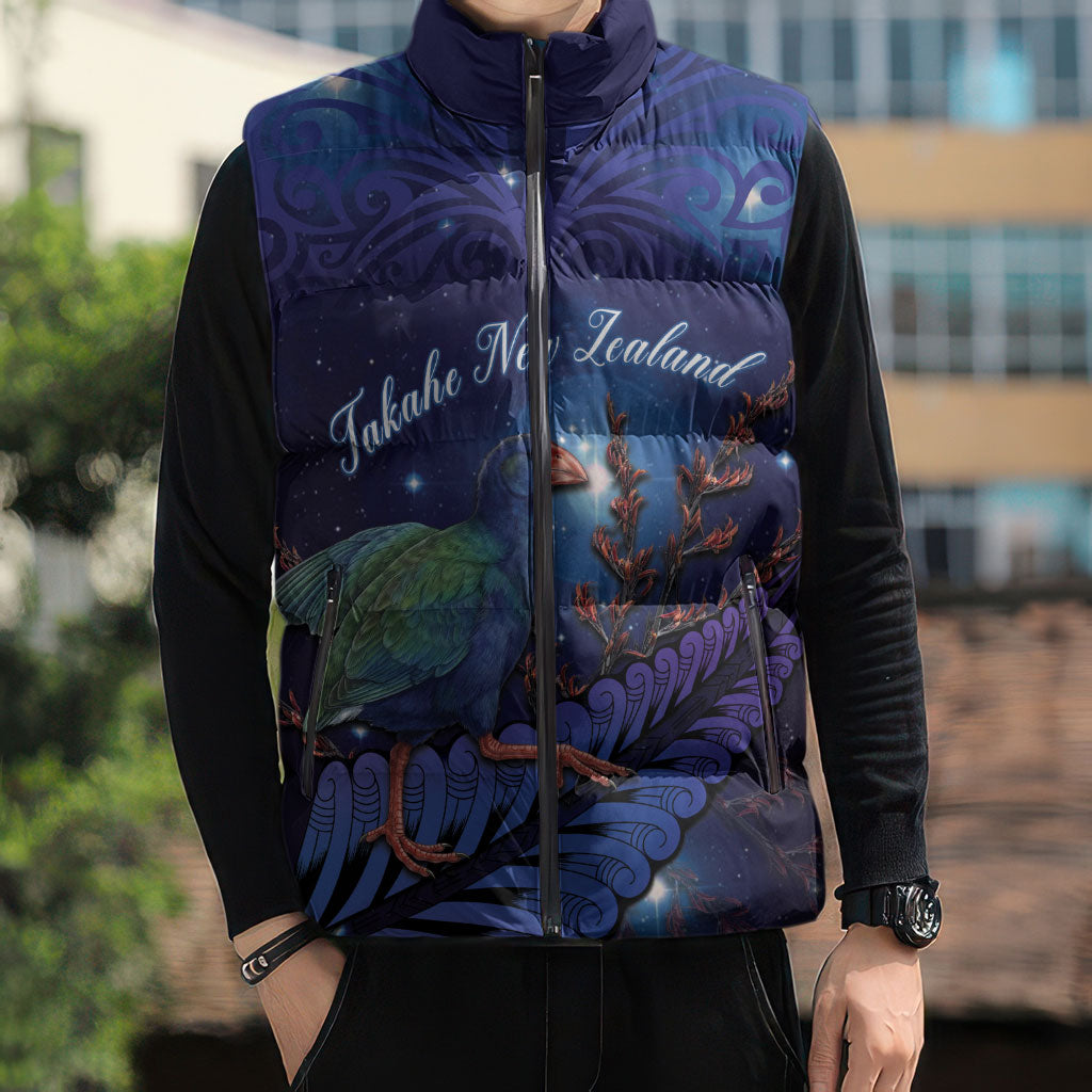 Takahe New Zealand Personalised Sleeveless Puffer Jacket Harakeke Silver Fern Maori Pattern