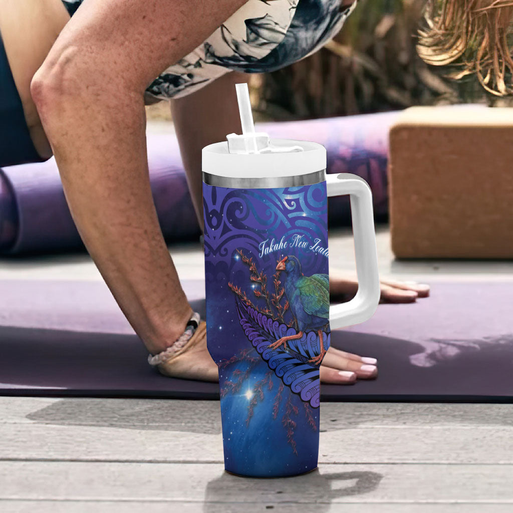 Takahe New Zealand Personalised Tumbler With Handle Harakeke Silver Fern Maori Pattern