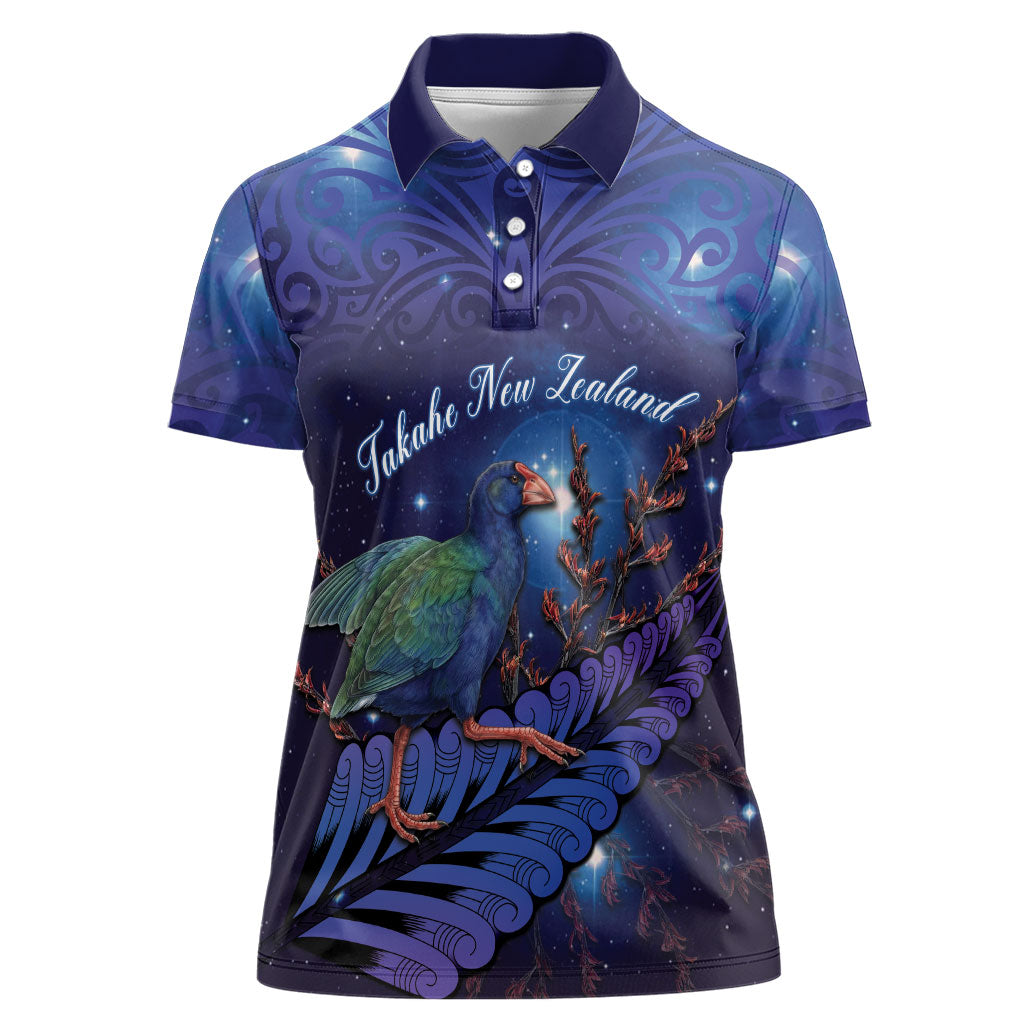 Takahe New Zealand Personalised Women Polo Shirt Harakeke Silver Fern Maori Pattern