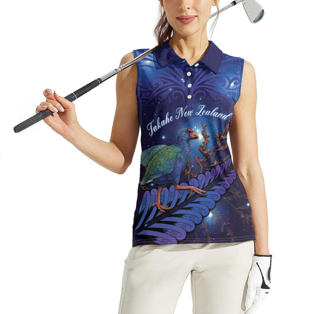 Takahe New Zealand Personalised Women Sleeveless Polo Shirt Harakeke Silver Fern Maori Pattern