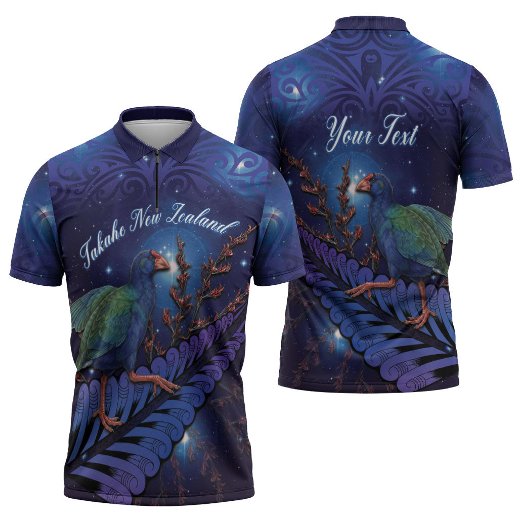 Takahe New Zealand Personalised Zipper Polo Shirt Harakeke Silver Fern Maori Pattern