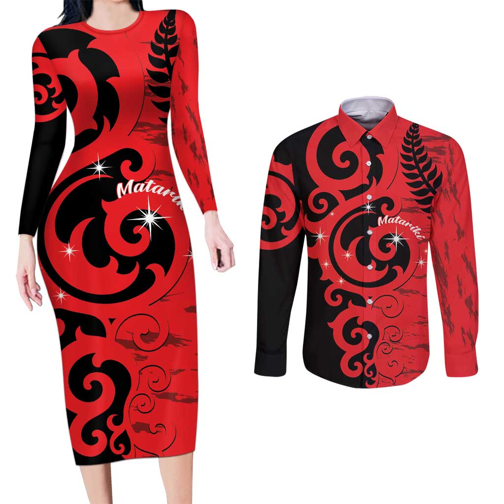 New Zealand Matariki Couples Matching Long Sleeve Bodycon Dress and Long Sleeve Button Shirt Maori New Year Koru Pattern
