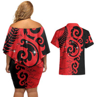 New Zealand Matariki Couples Matching Off Shoulder Short Dress and Hawaiian Shirt Maori New Year Koru Pattern