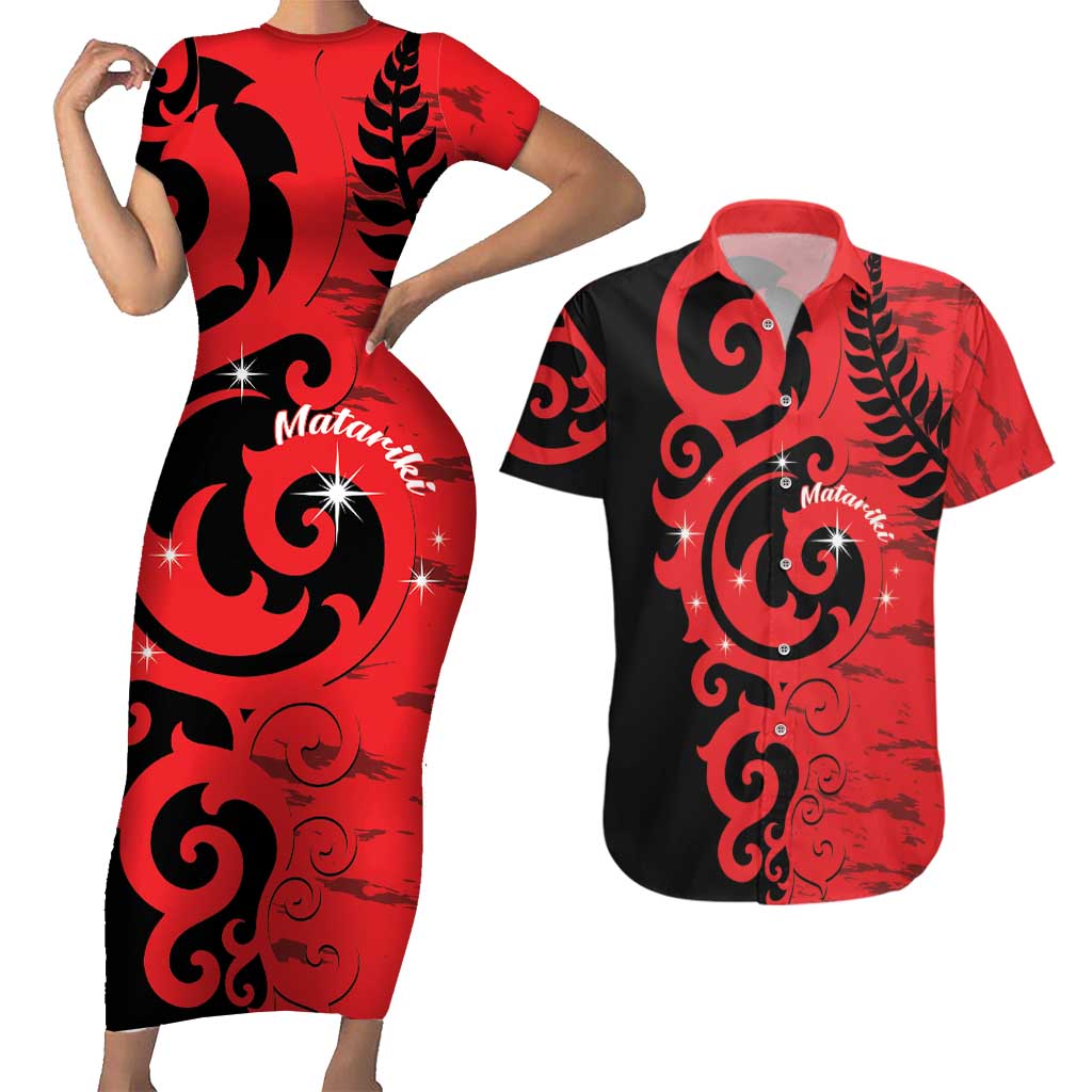 New Zealand Matariki Couples Matching Short Sleeve Bodycon Dress and Hawaiian Shirt Maori New Year Koru Pattern