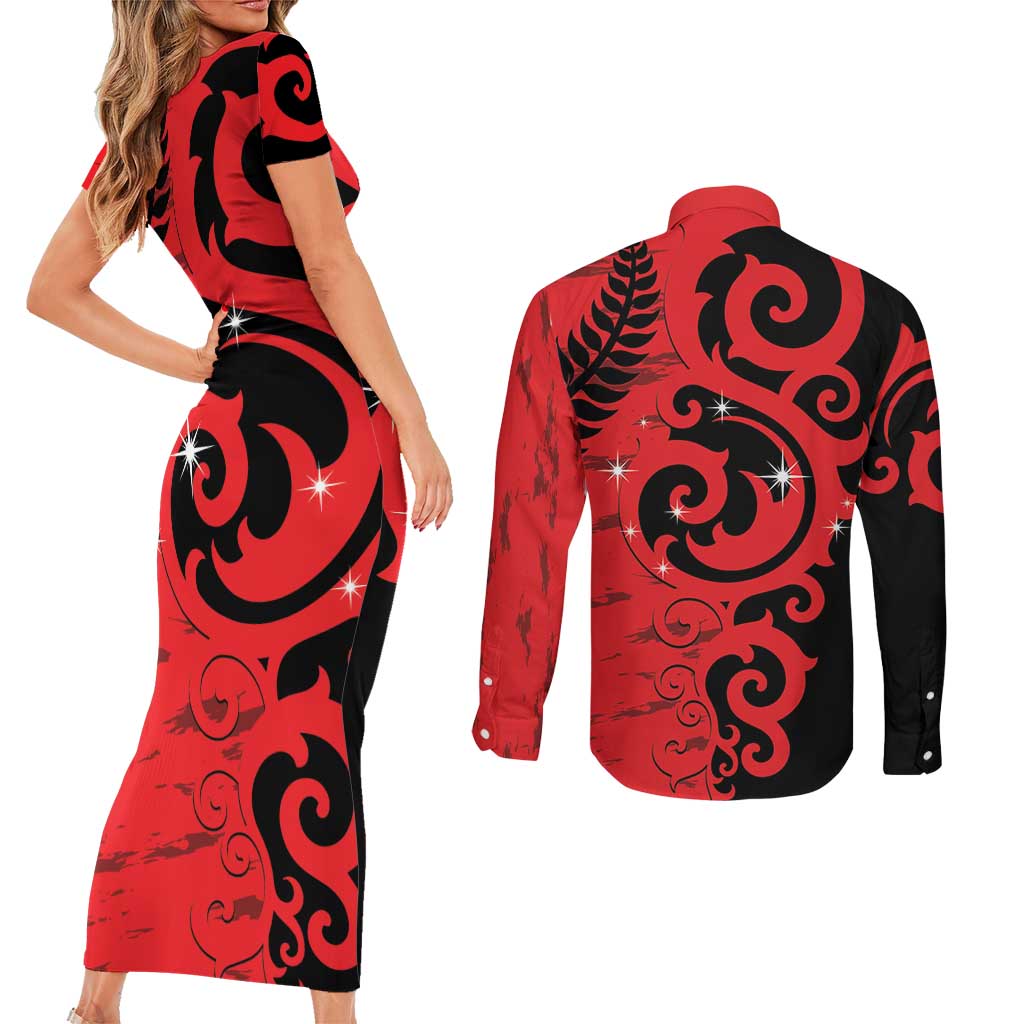New Zealand Matariki Couples Matching Short Sleeve Bodycon Dress and Long Sleeve Button Shirt Maori New Year Koru Pattern