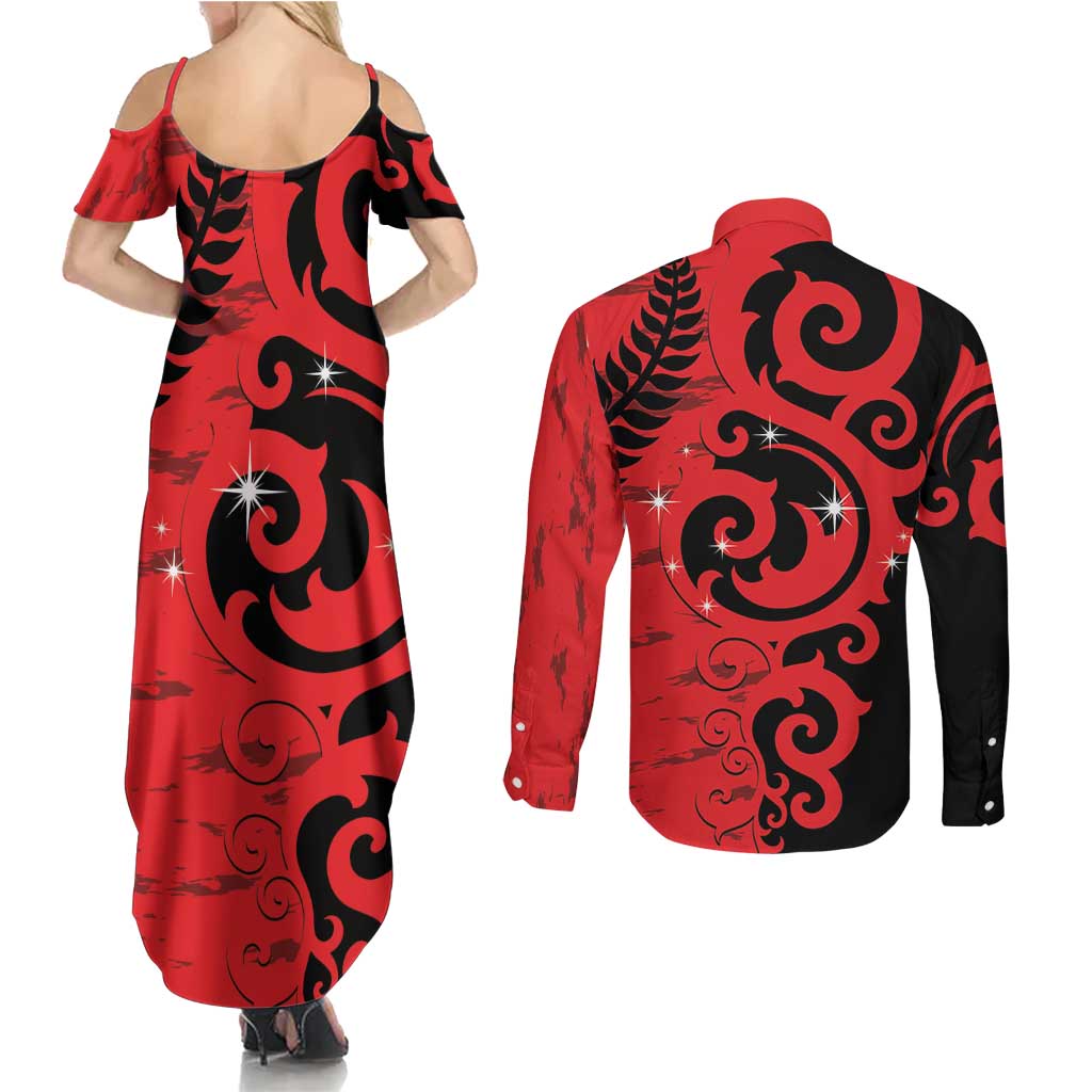 New Zealand Matariki Couples Matching Summer Maxi Dress and Long Sleeve Button Shirt Maori New Year Koru Pattern